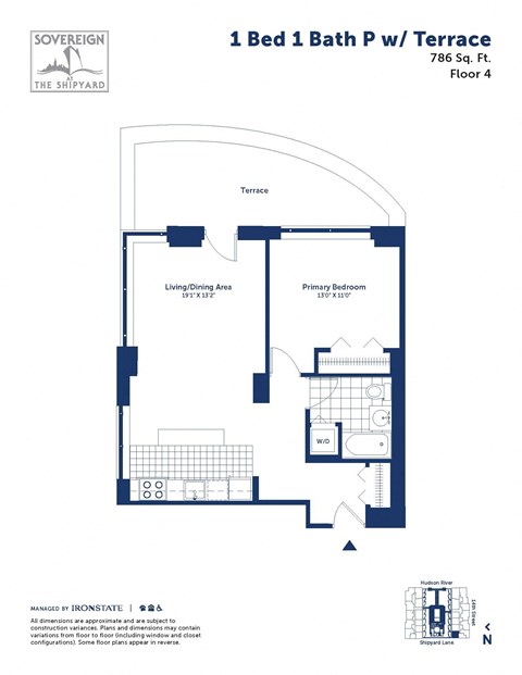 Floor plan for 1 bed, 1 bath, 786 sqft
